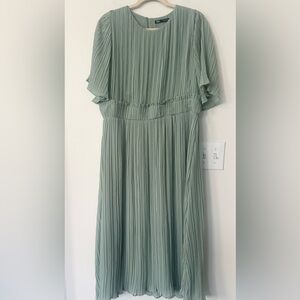 Zara Pleated Celery Green Midi  Dress L
